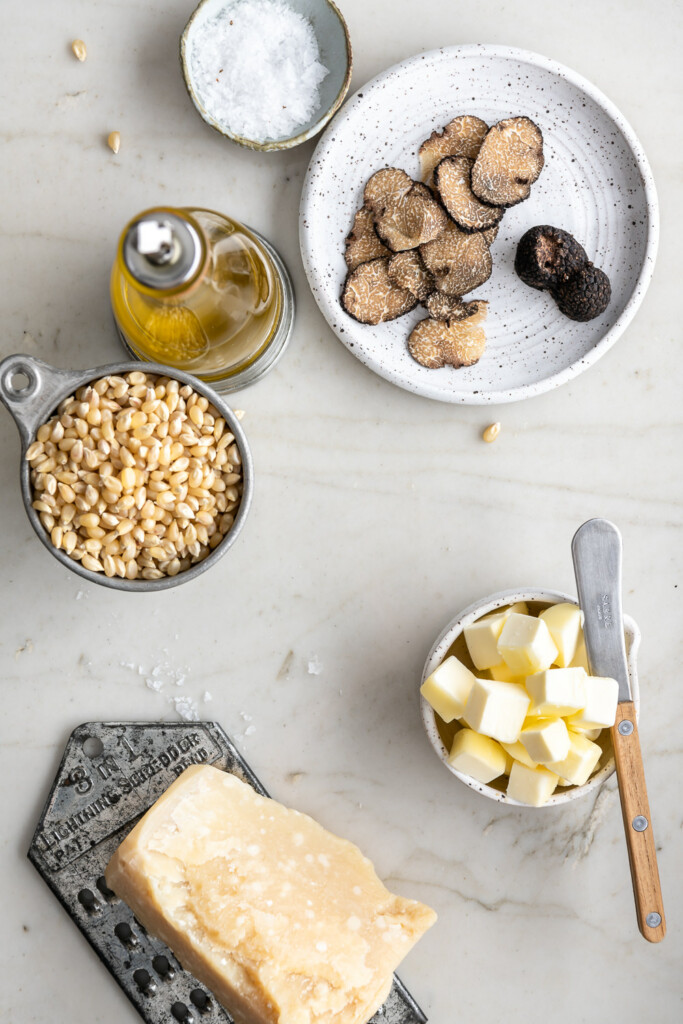 ingredients_fresh truffles, white popcorn, oil, parmesan, butter