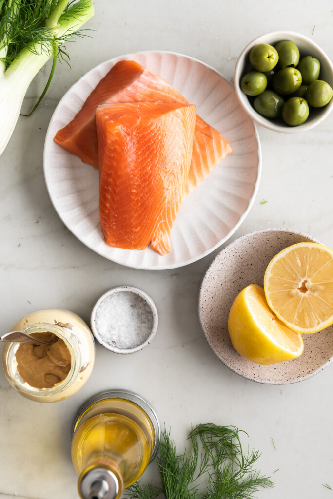 ingredients_sushi grade salmon, lemon, mustard, olives, dill, fennel