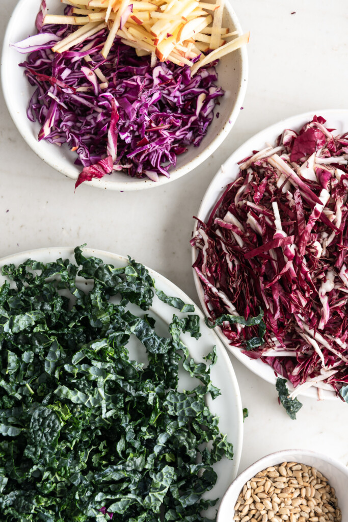 2_slice kale, cabbage, apples, radicchio into thin ribbons