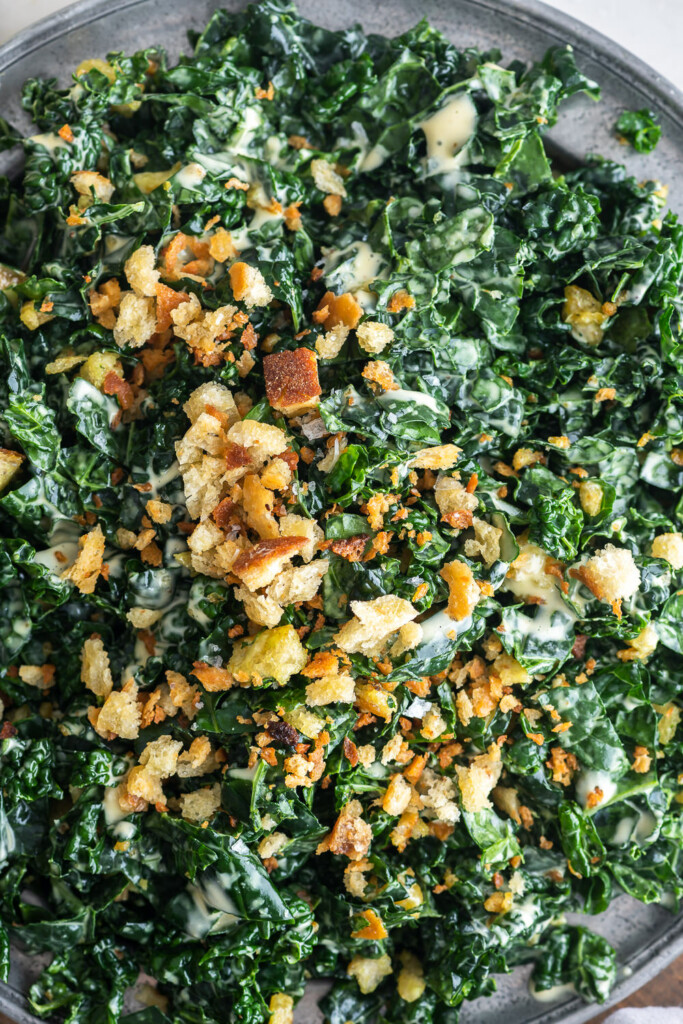 4_massage kale, toss with dressing, crumbs and parmesan