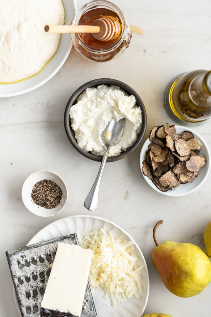 ingredients_black truffles, ricotta, pears, honey, cheese