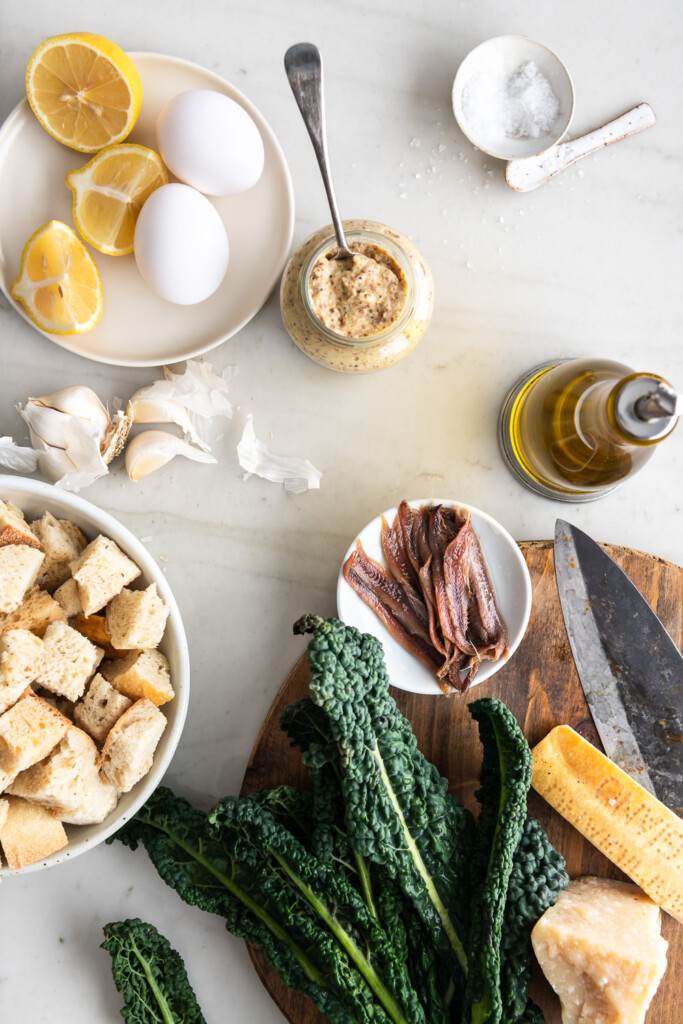 ingredients_kale, lemon, bread cubes, anchovies, eggs, parmesan, olive oil