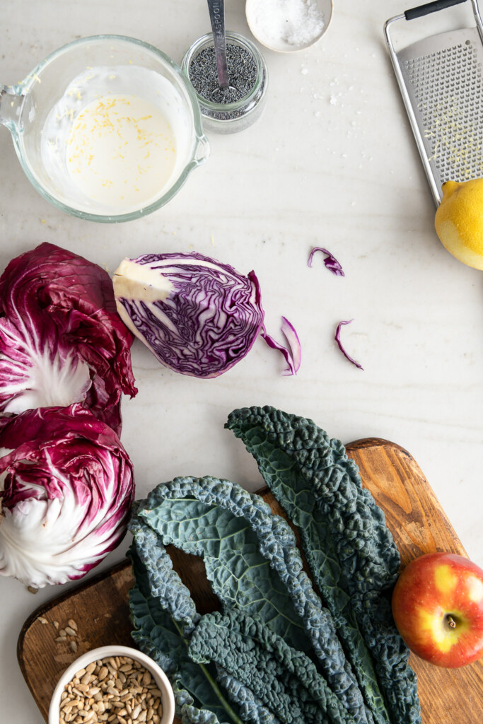 ingredients_kale, radicchio, cabbage, apples, sunflower seeds, poppyseed dressing