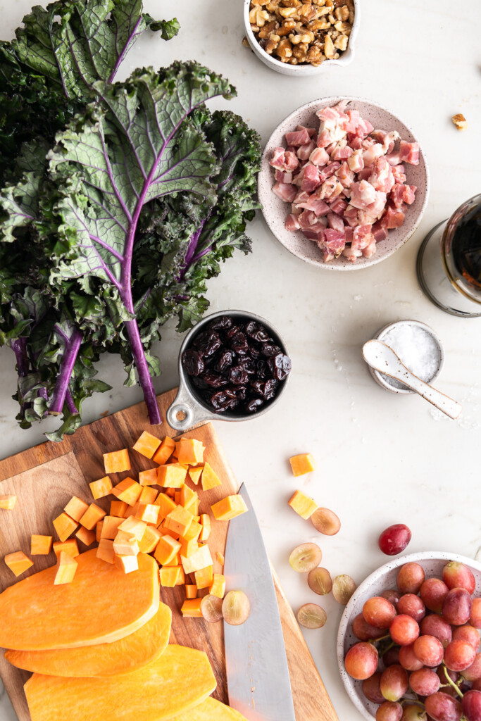 ingredients_kale, sweet potatoes, pancetta, grapes, cherries, walnuts, balsamic