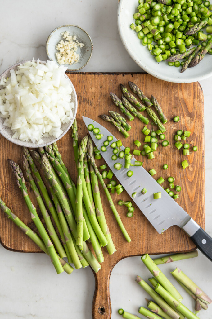 1_dice onion and garlic, chop asparagus
