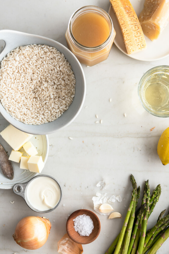 ingredients_carnaroli rice, asparagus, parmesan, lemon, creme fraich, butter, white wine, chicken stock