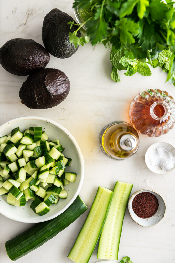 ingredients_cucumber, avocado, herbs, vinegar, olive oil, sumac