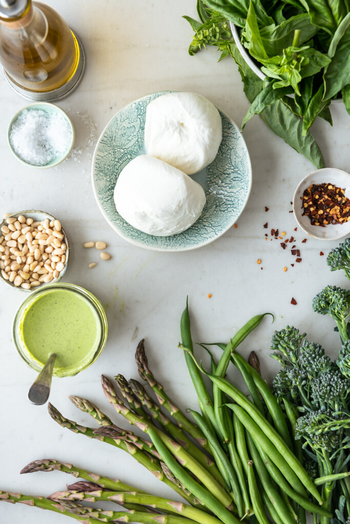 ingredients_burrata, green beans, asparagus, broccolini, green goddess dressing