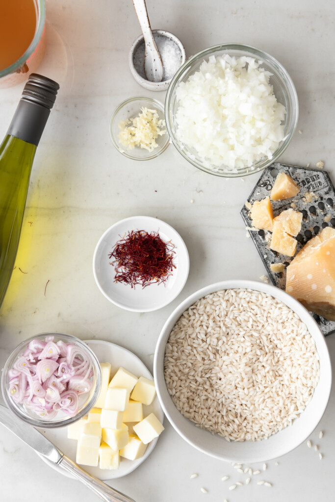 ingredients_risotto rice, onions, saffron, chicken stock, parmesan, butter, white wine