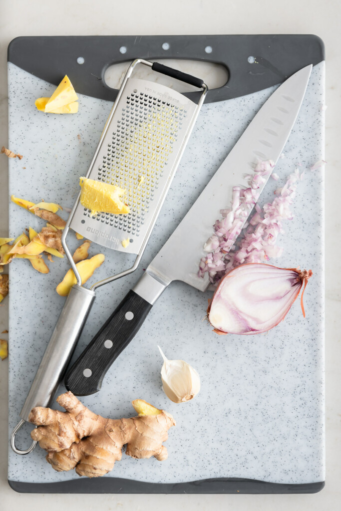 1_grated ginger, minced shallot for sesame dressing