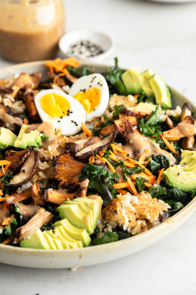 brunch salad with kale, jammy eggs and mushrooms