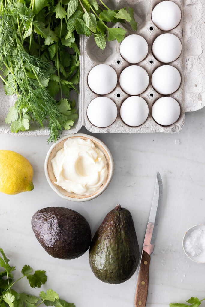 ingredients_avocados, eggs, mayonnaise, herbs, lemon