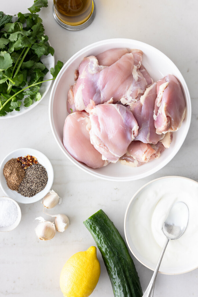 ingredients_chicken thighs, herbs, yogurt, lemon, spices