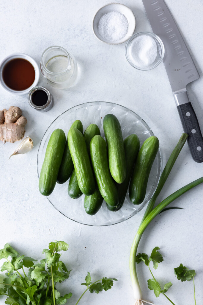 ingredients_persian cucumbers, ginger, garlic, rice vinegar, cilantro, sugar