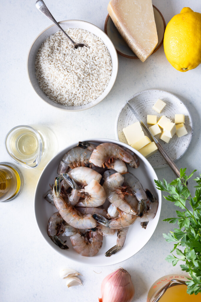 ingredients_shrimp, carnaroli rice, butter, shallot, garlic, wine, chicken stock, lemon, herbs, parmesan